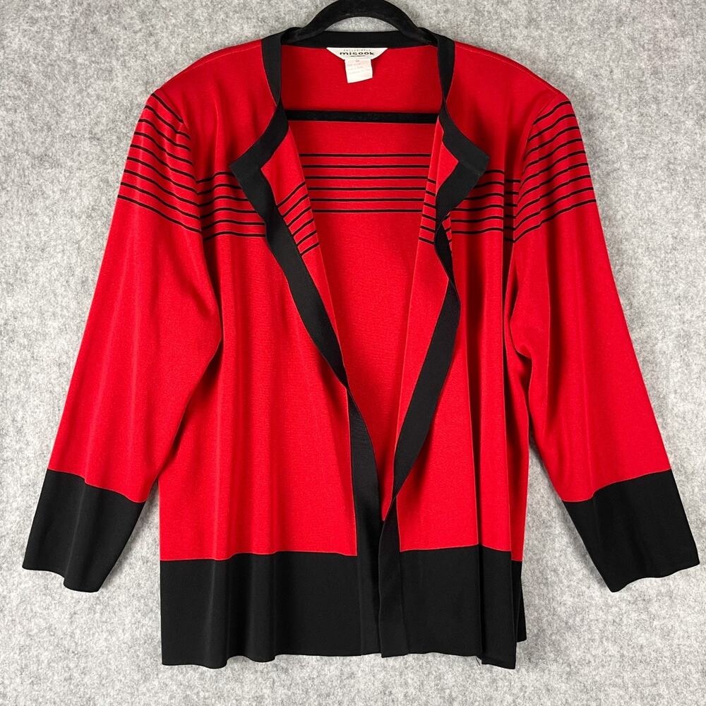 Exclusively Misook Cardigan Jacket Womens 3X Red Black Stripe Open Front Classic